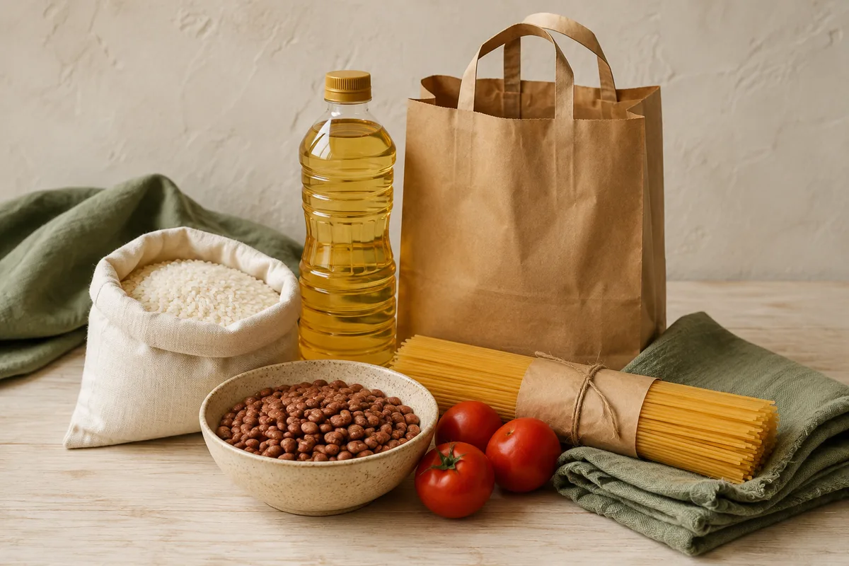 Rice, beans, pasta and vegetable oil beside a plain grocery bag